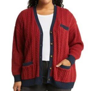 Treasure & Bond Varsity Mix Stitch Tipped Cardigan (Plus Size)